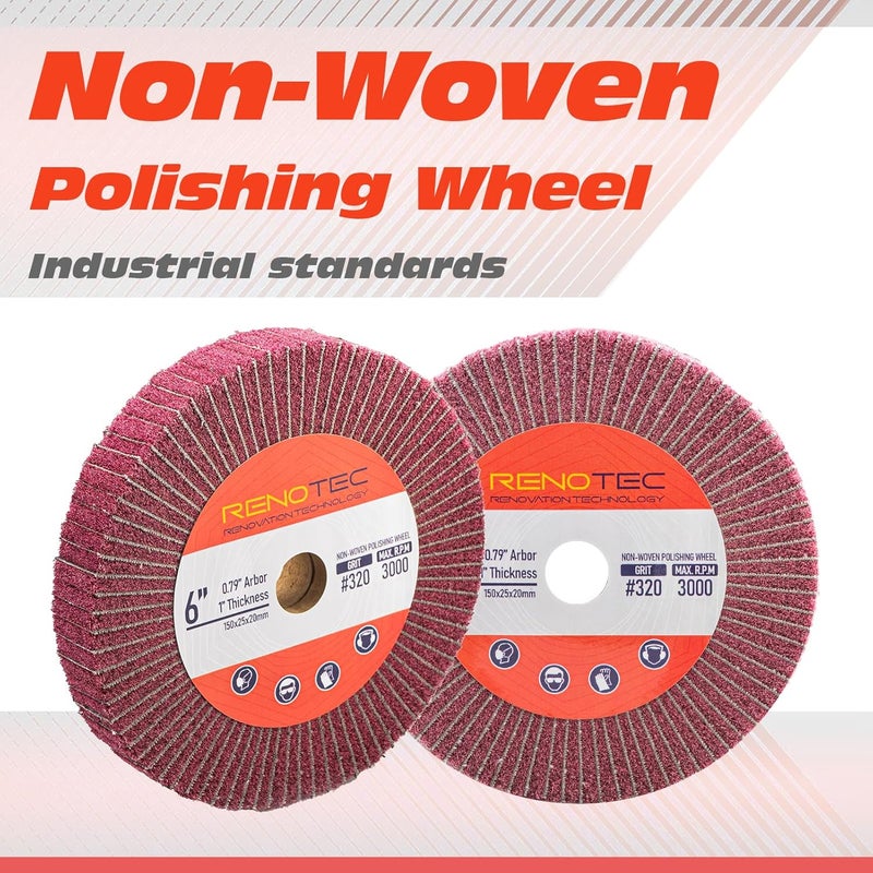 RENOTEC 6 Inch Flap Wheel, Non-Woven Abrasive Polishing Wheel, 1 Inch Thickness, 3/4 Inch Arbor, for Bench Grinder (4 Pcs Grit320 SP) - Image 2